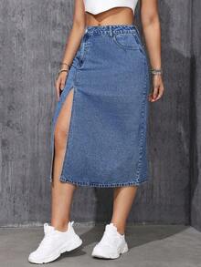 2026  Minifalda de mezclilla de moda con bolsillo y abertura alta en unicolor para tallas grandes - Azul lavado medio - Ver 3