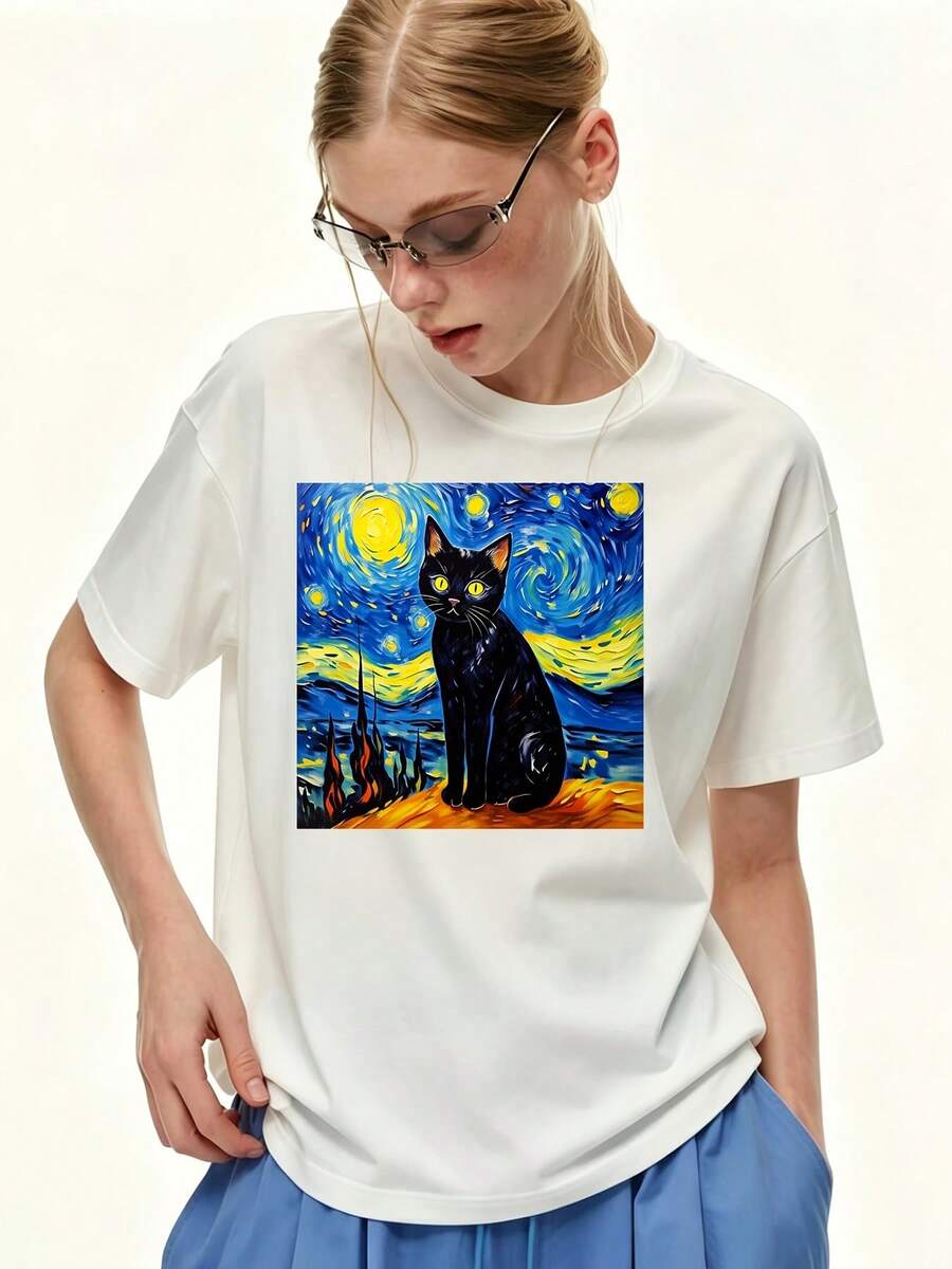 Camiseta de 180g para mujer con estampado de gato negro de la Noche Estrellada de Van Gogh, de manga corta, estilo casual y holgado para verano, regalo de cumpleaños para mamá o novia, regalo para reuniones familiares y actividades de building - Camiseta unisex de algodón holgada de manga corta y cuello redondo, estilo vintage urbano. - Blanco - Ver 1