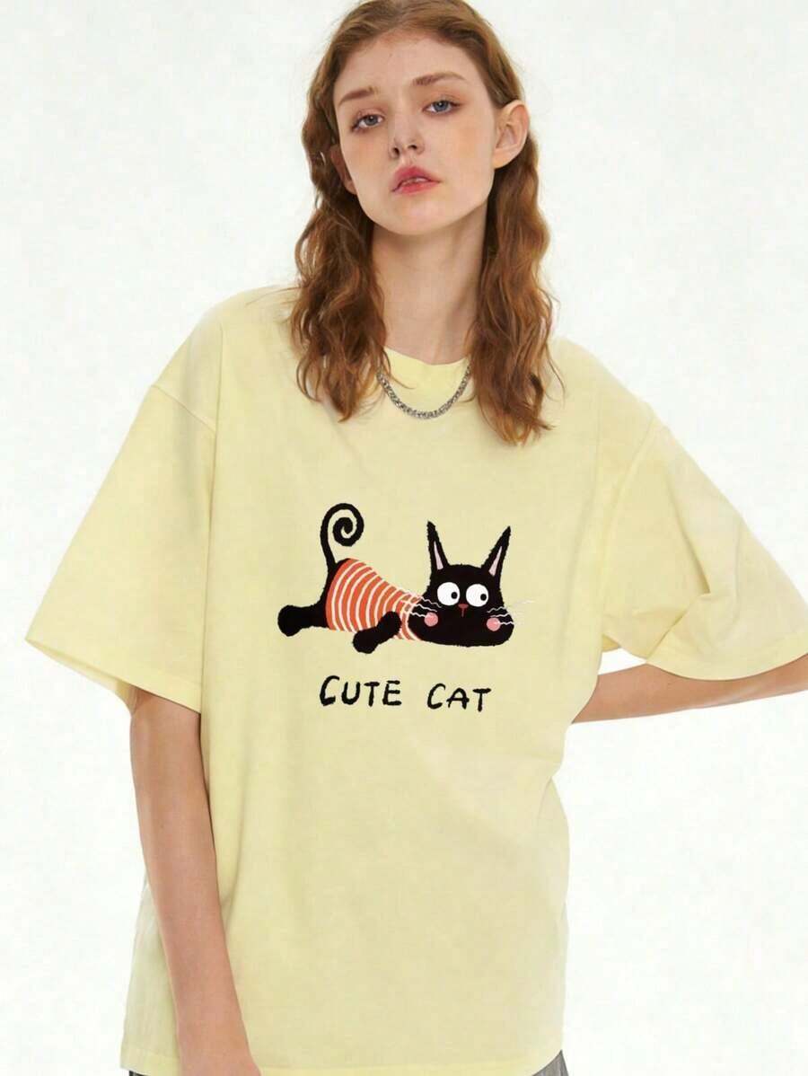Camiseta de manga corta con estampado de gato a rayas CUTE CAT para mujer, top casual holgado de verano - Camisetas de verano con estampado gráfico simple, regalo casual para el Día de la Madre. Adecuada para primavera, verano y otoño. - Albaricoque - Ver 1