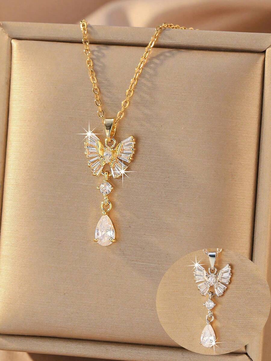 1pc Stainless Steel Butterfly Pendant Necklace, Inlaid With Cubic Zirconia, Adjustable Length, Lightweight, Comfortable Design, Suitable For Her Fashionable, Elegant, Minimalist, Retro Jewelry - Multicolor - View 1