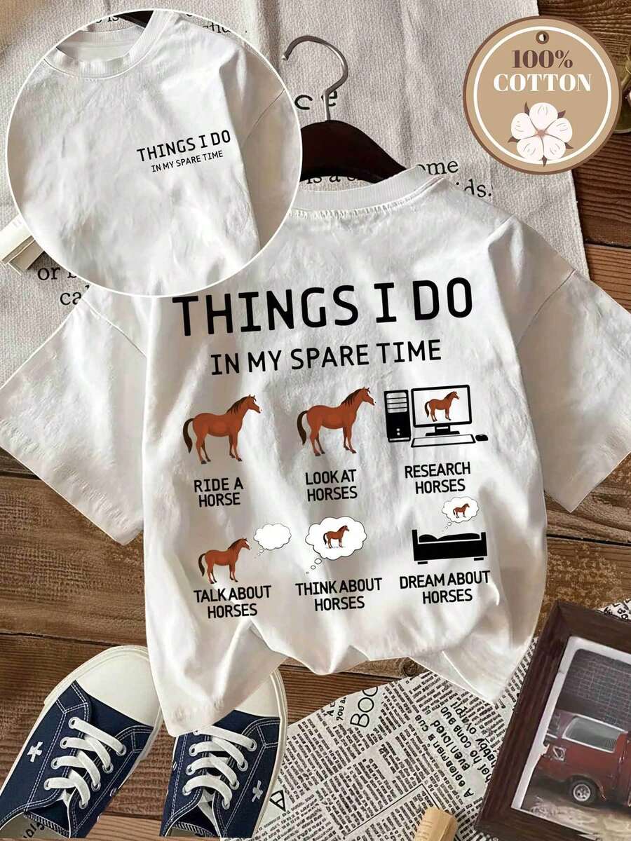 [Double-Sided Print] Women's Loose-Fitting, Casual Summer T-Shirt, Fun Style, With "THINGS I DO IN MY SPARE TIME" Print, Round Neck, Short Sleeves, Dropped Shoulders, Plus Size Pure Cotton T-Shirt, 100% Cotton. - 白色 - 查看 1