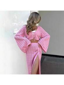 Conjunto dos piezas rosa 2026 estilo europeo americano, blusa de punto calado manga larga + falda midi casual. - Resplandecer - Ver 2