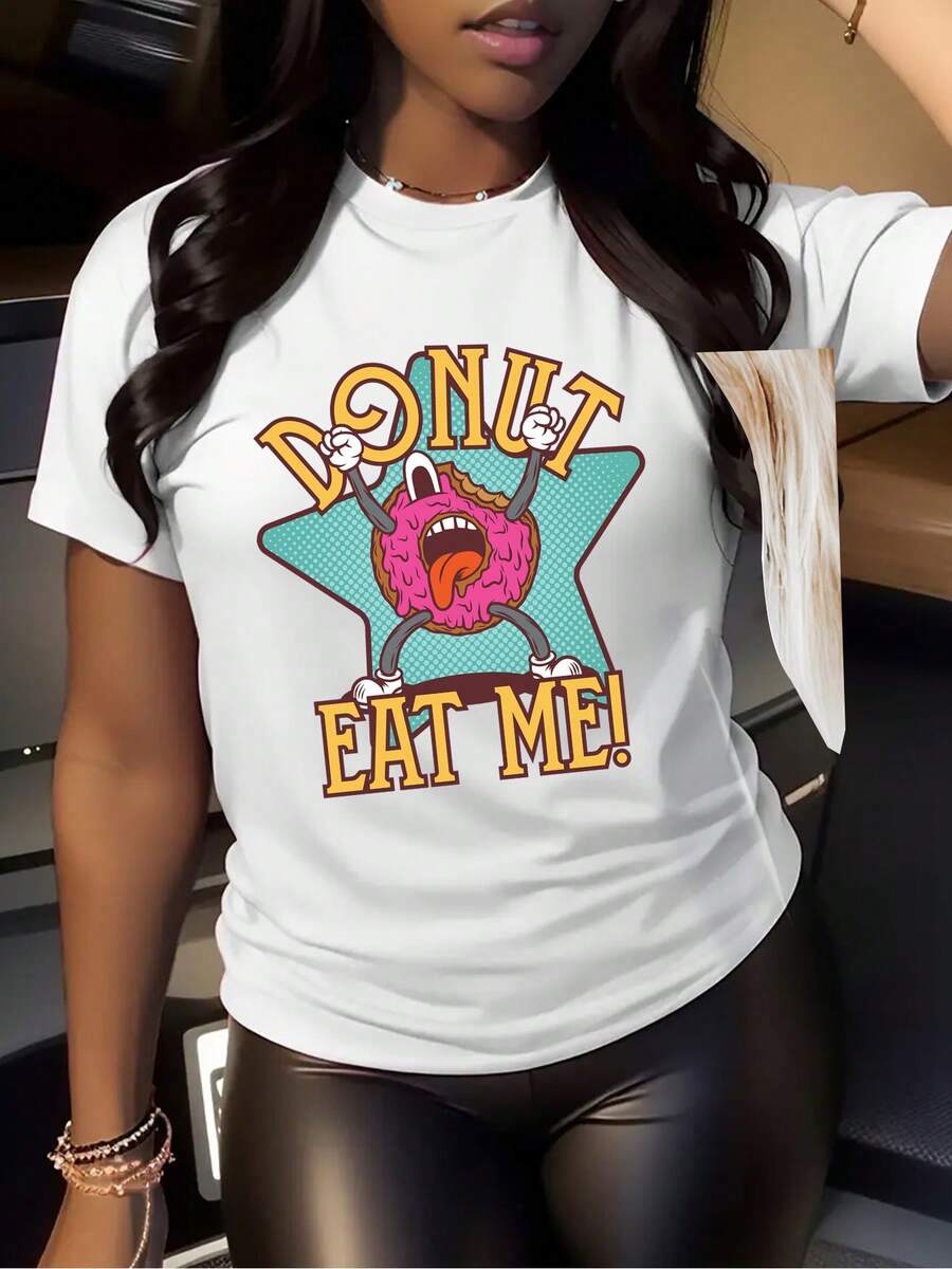 Talla - Talla, divertido diseño femenino con la frase ¡no me comas! . Camiseta estampada - Camiseta blanca de cuello redondo con diseño de donut, suave para uso diario (tallas regulares a XL) - Camiseta casual lavable aáquina, adecuada para regalos, citas, uso informal y conjuntos, camiseta como idea de regalo, camiseta con diseño divertido - Camiseta unisex de algodón holgada de manga corta y cuello redondo estilo vintage urbano. - Blanco - Ver 1