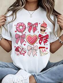 Camiseta Casual de Mujer con Cuello Redondo, Estampado de Corazón de San Valentín, Donut, Cupcake y Lazo, Manga Corta, Top Casual para Uso Diario y Ocasiones Románticas. - Blanco - Ver 6
