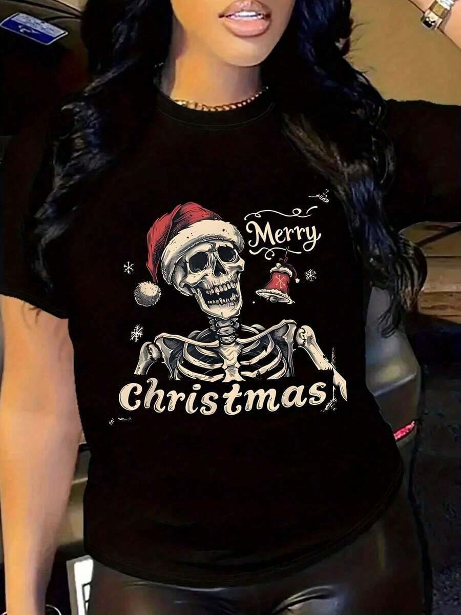 100% Pure Cotton, Women's T-Shirt, Plus Size, Christmas Printed, Round Neck, Pure Cotton Fabric, Slightly Stretchy, Regular Fit, Suitable For All Seasons, Holiday Style, Comfortable For All Seasons, Christmas Festive Wear, Festive Design, Durable Print, Christmas, Halloween, Thanksgiving Gift, Ideal Gift Choice - 黑色 - 查看 1