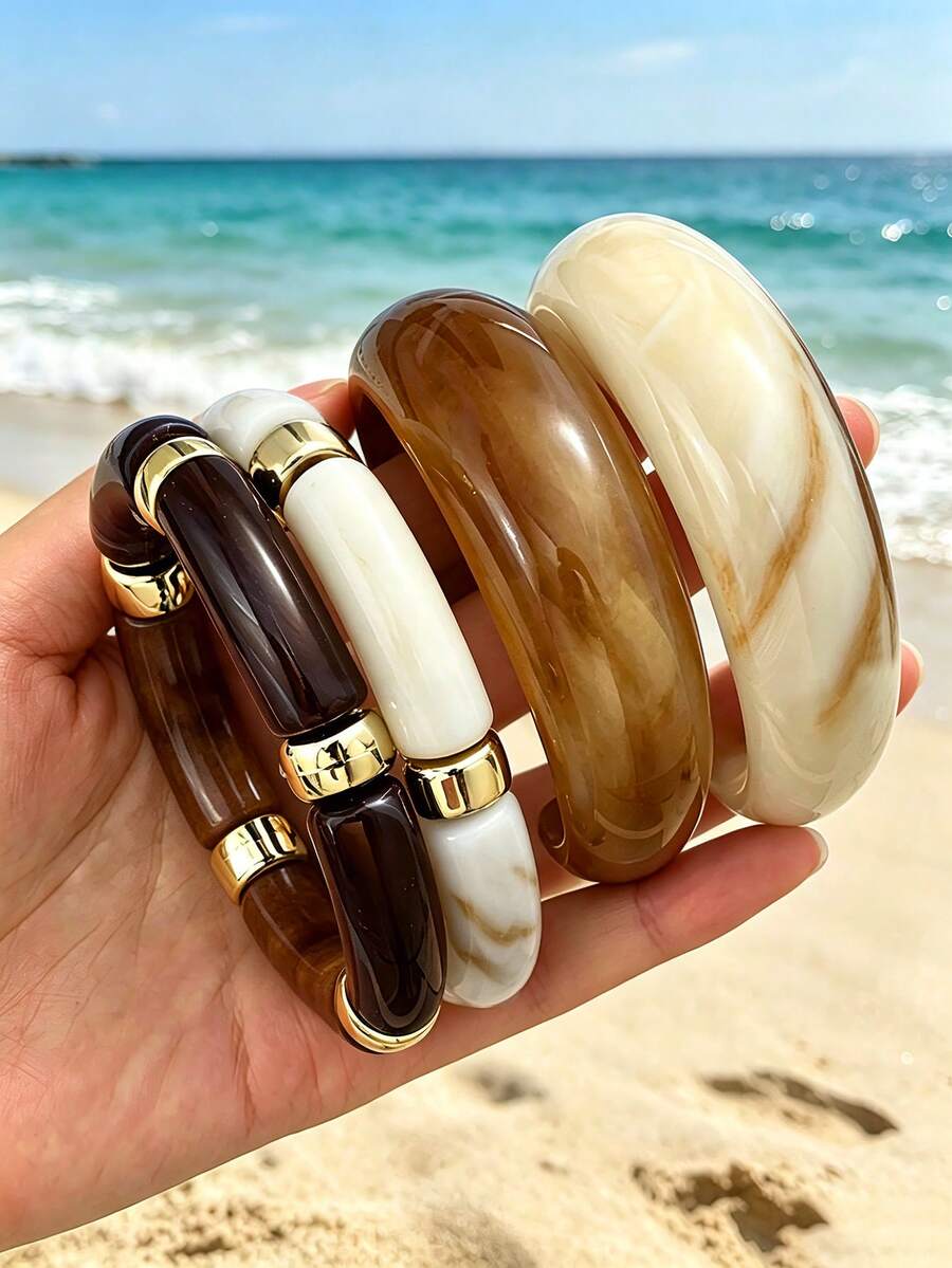 Set de 4 piezas de pulseras vintage elegantes y casuales de estilo Y2K, hechas de resina y elásticas, adecuadas para mujeres en verano, playa, boda y fiesta, nueva colección 2026 de pulseras multicapa - Multicolor - View 1