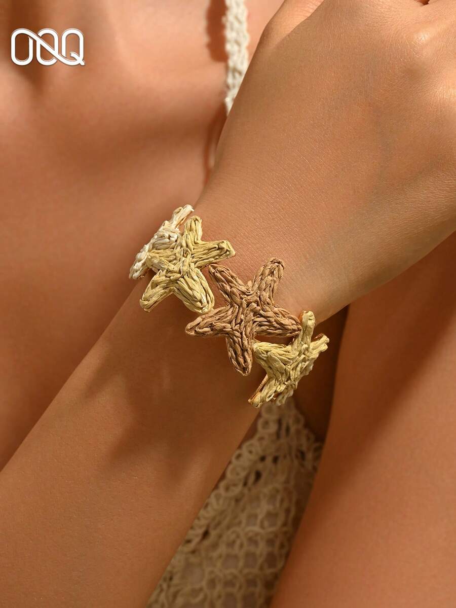 OOQ 1pc Summer Vacation Style Beige Starfish Bangle Bracelet, Handmade Raffia Woven, Suitable For Beach, Party, Daily Wear, Gift For Loved Ones (Handmade Raffia Woven, Random Direction And Shape) - Mixed Coffee - View 1