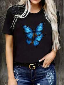 Camiseta única con diseño de mariposa azul estilo y2k ideal para destacar tu estilo personal y ser el centro de atención en cualquier ocasión disfruta de la calidad y comodidad para un look moderno y fresco perfecta para amantes de la moda y  en México - Negro - Ver 1
