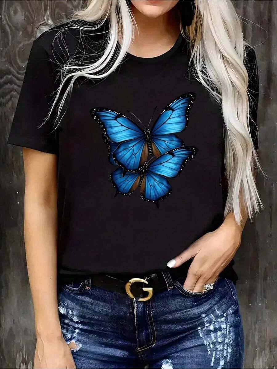 Camiseta única con diseño de mariposa azul estilo y2k ideal para destacar tu estilo personal y ser el centro de atención en cualquier ocasión disfruta de la calidad y comodidad para un look moderno y fresco perfecta para amantes de la moda y en México - Negro - Ver 1