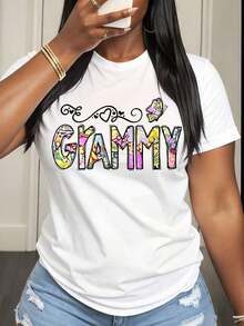 Camiseta de manga corta para mujer con estampado floral y letras estilo Grammy, atuendo casual de verano - Blanco - Ver 1