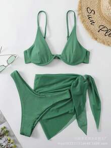 Nuevo traje de baño de tres piezas para mujer, bikini sexy con falda de malla acanalada de color sólido. - Gris pizarra - Ver 8