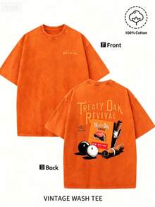 Men'S Bold "TREATY OAK REVIVAL" Print T-Shirt, Casual Round Neck Short Sleeve, 230g Washed Cotton, Summer High Quality Casual Sportswear, - 橘色 - 查看 3