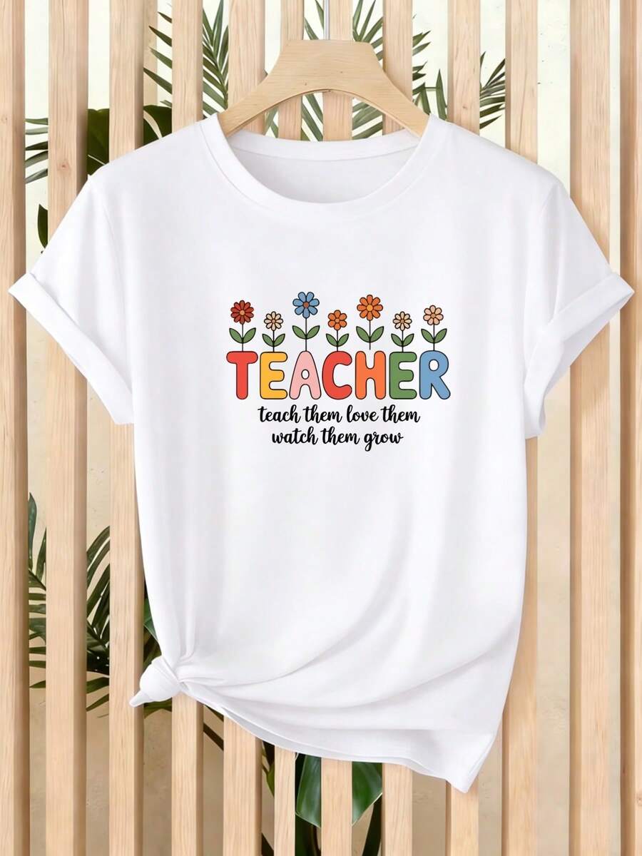 Women's T-Shirt, New Summer Product, Short-Sleeved T-Shirt For Women With Colorful Flowers Surrounding The Word "TEACHER", Conveying A Warm Educational Suitable For Home, Office And Travel, A Versatile Garment. - 白色 - 查看 1