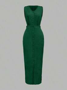 Vestido de verano casual y elegante para mujer con cuello redondo, sin mangas, bolsillo en diagonal y cierre de botón monobotonado - Verde Oscuro - Ver 2