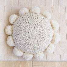 Boho Beige Round Throw Pillow 14 Inch, Cute Knitted Crochet Cushion With Pom Poms Tassels, Decorative Circular Accent Pillow For Sofa Couch Chair Bed - Cream - View 3