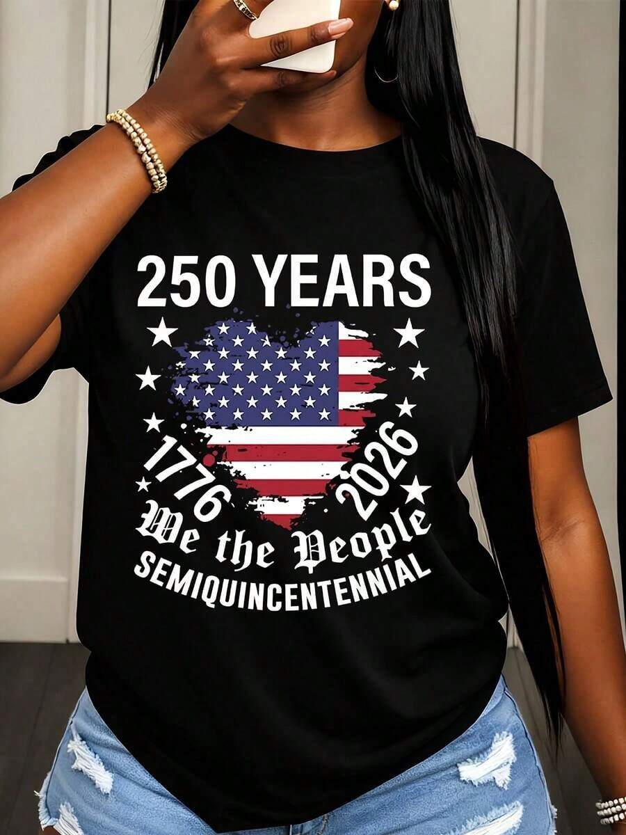 Women's T-Shirt 250 Years Of American Independence Day 1776-2026 We The People, Semi-Quincecentennial Flag Print, Patriotic Party Clothing - 黑色 - 查看 1
