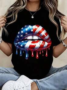 Camiseta de Moda para Mujer con Estampado de Labios y Bandera Americana, Top Casual de Verano para Celebración del Día de la Independencia, Atuendo Patriótico Estilo Streetwearblusa casual mujer - Negro - Ver 7