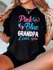 Camiseta de Mujer Casual con Cuello Redondo, Opciones en Negro y Blanco, Rosa y Azul, Estampado 'Grandpa Loves You', Camisetas con Gráficos Lindos, Tops de Verano para Mujer, Camisetas de Uso Diario, Camisetas Gráficas de Verano, Conjuntos de Verano para Mujer, Camisetas Cortas para Mujer, Tops para Mujer, Ropa Linda de Algodón Vintage para Mujer, Playera Holgada para Mujer - Negro - Ver 1