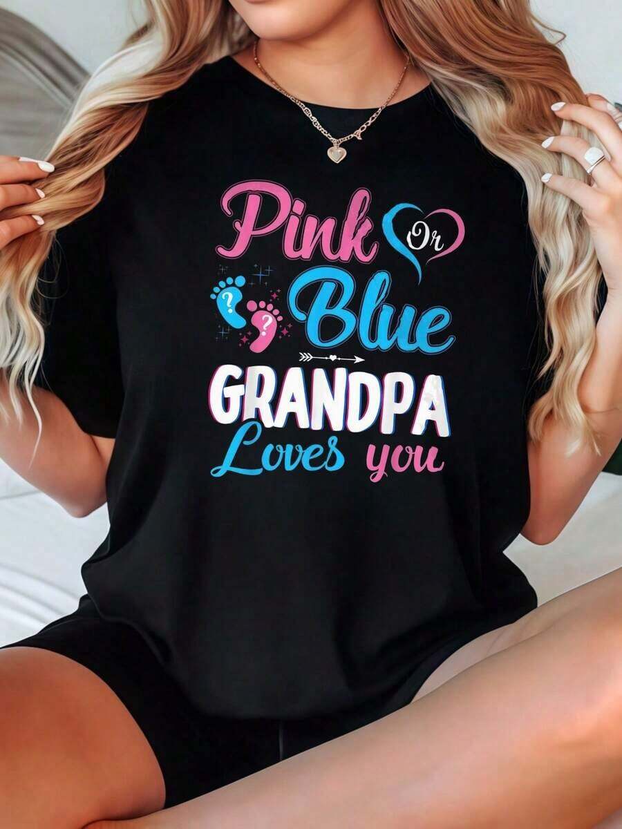 Camiseta de Mujer Casual con Cuello Redondo, Opciones en Negro y Blanco, Rosa y Azul, Estampado 'Grandpa Loves You', Camisetas con Gráficos Lindos, Tops de Verano para Mujer, Camisetas de Uso Diario, Camisetas Gráficas de Verano, Conjuntos de Verano para Mujer, Camisetas Cortas para Mujer, Tops para Mujer, Ropa Linda de Algodón Vintage para Mujer, Playera Holgada para Mujer - Negro - Ver 1