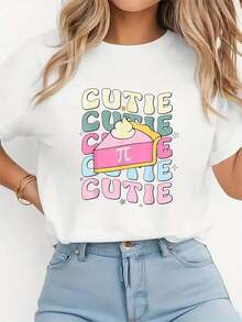 Camiseta Casual de Regreso a Clases para Chicas, con Lazo Coqueta, Diseño Gráfico de Matemáticas para el Día del Pi, Cuello Redondo, Manga Corta, Moda para Mujer - Blanco - Ver 1