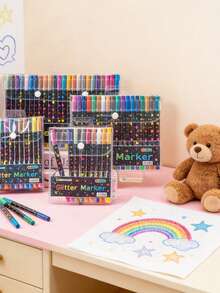 24 Colors Double-Tip Pens With Glitter & Quick-Dry Ink - Fine Point, Suitable For Scrapbooking, Card Making, Daily Use, 24 Color Set, Artist & Craft Use With Glitter Double-Tip Pens - Default - View 7