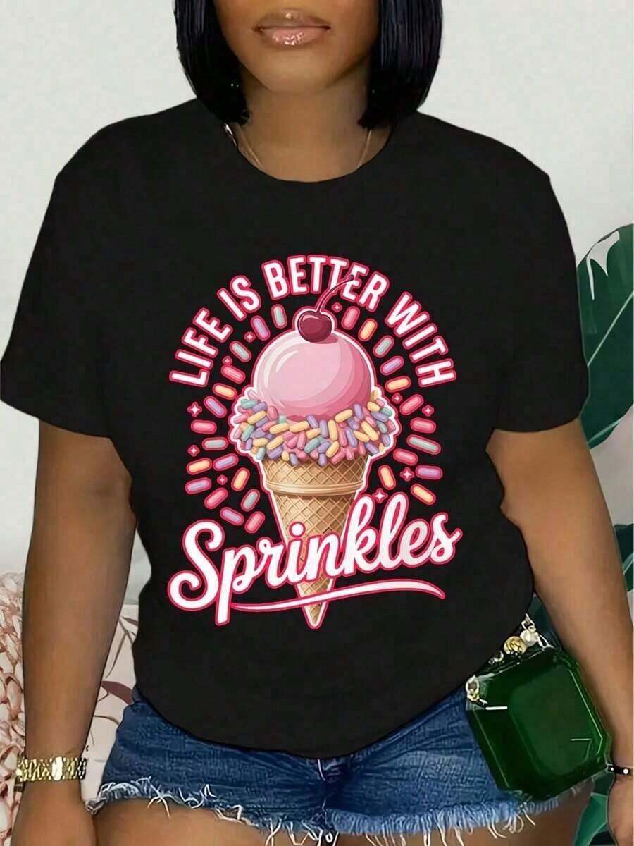 playeras de mujer algodon Camiseta 100% Algodón La Vida Es Mejor Con Chispas, Camiseta de Cono de Helado, Linda Camiseta de Postre, Top Unisex, Camiseta Gráfica, Regalo para Foodies, 180g Suave y Agradable para la Piel >ropa - Negro - Ver 1