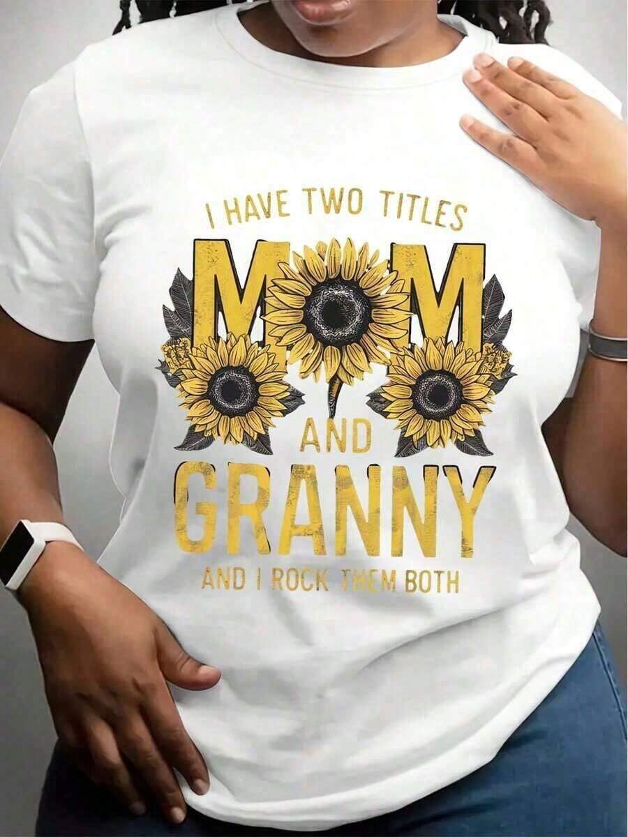 20261pc Camiseta Casual de Talla Grande para Mujer con Estampado de Girasol de Mamá y Abuela, Tejido de Punto, Cuello Redondo, Elástica, Color Sólido, Manga Corta, Camiseta Sencilla para Todas las Temporadas, Ropa Fresca de Verano para Mujer - Blanco - Ver 1
