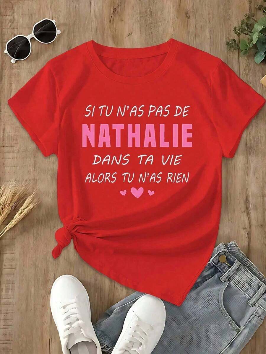 Graphic Print T-Shirts: Nathalie, An Attractive French Name, Short-Sleeved T-Shirt For Women, 100% Cotton. - Vintage Street Style Unisex Cotton Short Sleeve Crew Neck T-Shirt - 紅色的 - 查看 1
