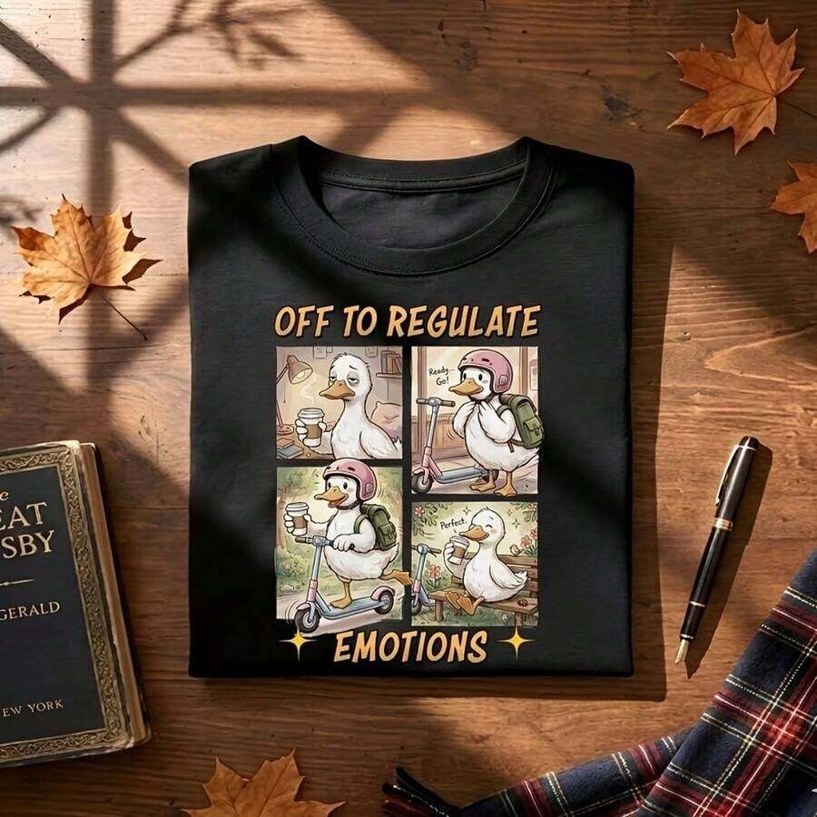 short-sleeveCamisa "A regular emociones", Camiseta de salud mental, Camiseta divertida de maestro con animal, Regalo de psicólogo, Camiseta de ganso tonto, Camiseta de amante del café para mujeres100% Cotton - Negro - Ver 1