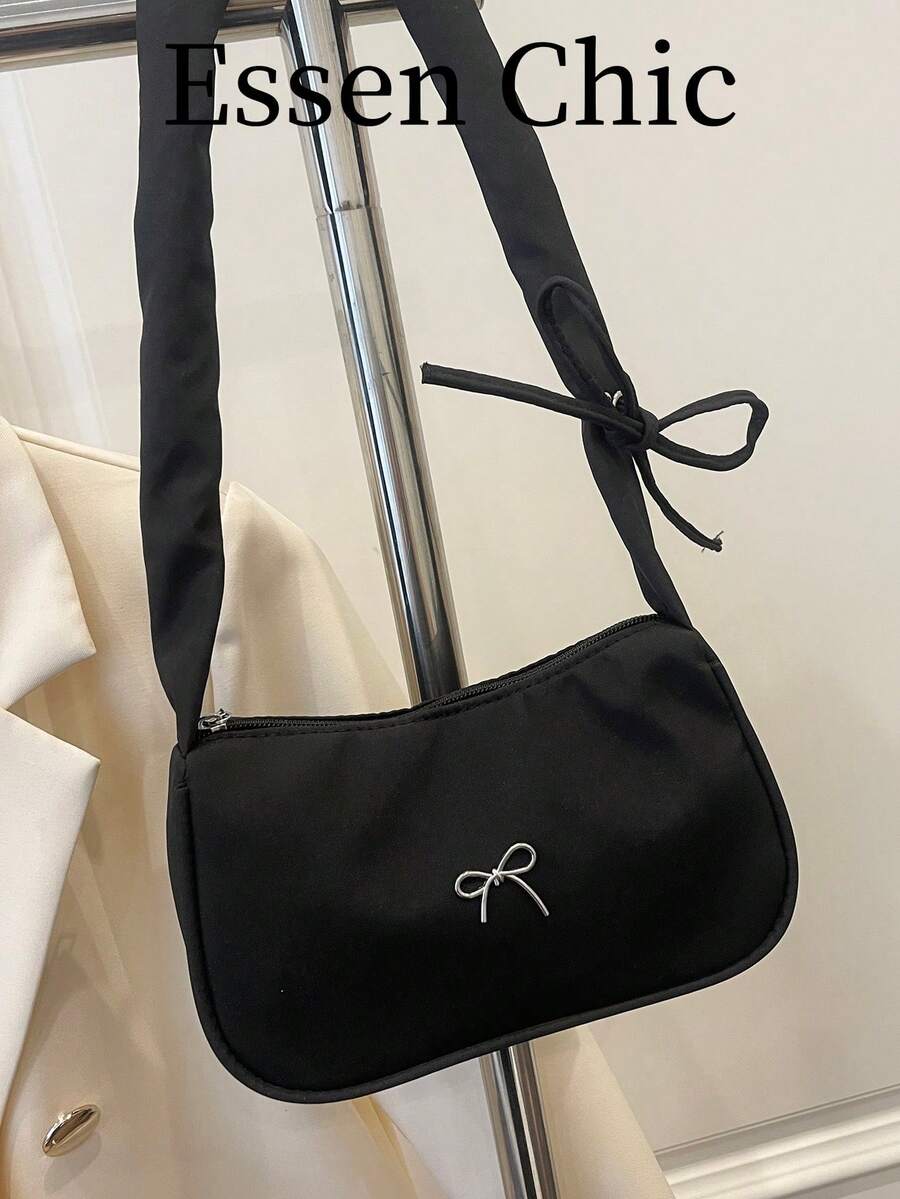 1件裝黑色尼龍百褶女款單肩/腋下包,夏季新品,金屬蝴蝶結裝飾,純色 - 黑色 - 查看 1