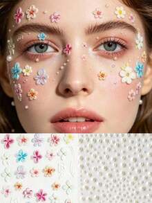 1pc Macaron 3D Colorful Floral Pearl Face Sticker, Fresh Candy Color Small Flowers + White Pearls Combination Facial Decorative Sticker, Waterproof Long-Lasting Makeup Sticker, Suitable For Music Festivals, Photoshoots, Party Makeup, Create A Sweet And Energetic Atmosphere, Easy To Get The Same European And American Elegant Eye Makeup Accent - Multicolor - View 1