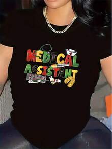 Camiseta para mujer, camiseta de trabajo para asistentes, duradera y cómoda, ideal para uso hospitalario, con diseño llamativo, tela suave, perfecta para entornos de trabajo, ligera y transpirable, adecuada para uso diario. - Negro - Ver 1