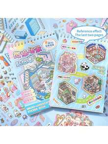 23pcs Scene Sticker Set, Scene Decoration Stickers, Small Supermarket Cartoon House Includes 12 Material Stickers, 8 Scene Cards, 2 Reference Images And 1 Tweezers, Suitable For Simulation Model Scenes And Mini Houses, Perfect As Birthday Or New Year Gift. - One Size - View 8