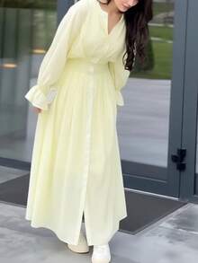 New Spring Long Dress, Fitted With Buttons, Defined Waist, Elegant European Style, Women's Fashion - 黃色 - 查看 4