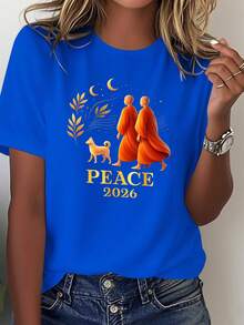 Camiseta estampada de color sólido para mujer Patterns Walk Peace 2026 Summer, blusa de manga corta casual, cómoda y versátil para mujer. - Azul - Ver 1