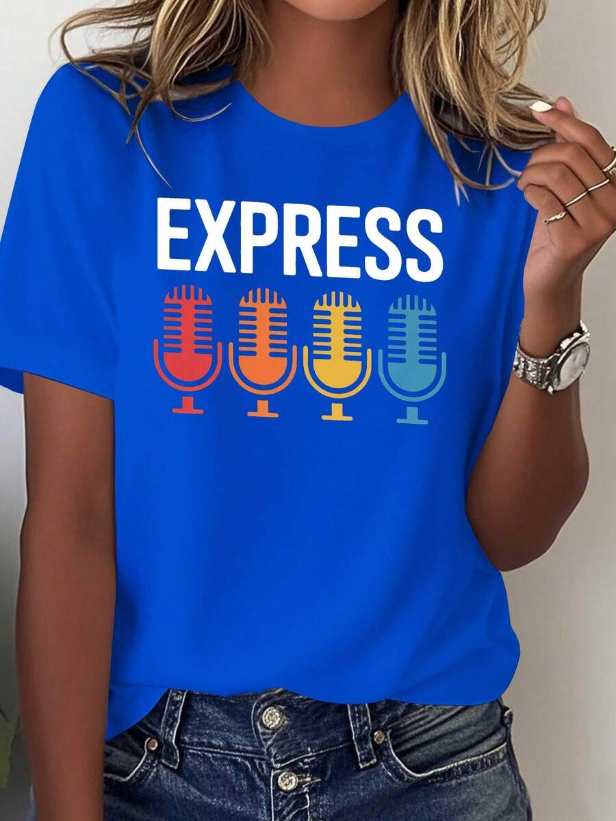 Camiseta estampada de verano para mujer con diseño de micrófono retro y estilo pop art, de color sólido, cómoda y versátil, blusa casual de manga corta para mujer. - Azul - Ver 1