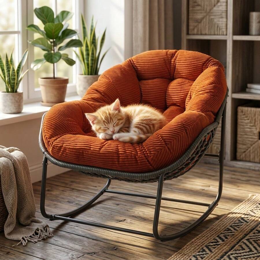 Patio Rocking Chair With Padded Cushion Indoor Outdoor Comfy Papasan Rocker Chair With Upgraded Steel Frame Oversized Rattan Egg-Shaped Lounge Chair For Front Porch, Garden, Bedroom - Coral Orange - View 1