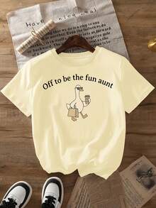 Camiseta de mujer con estampado "Off to be the fun aunt", pato, gafas de sol, bolsa de compras y motivos de café, ropa de primavera/verano 2026, camiseta de manga corta de algodón puro a la moda para mujer, camiseta elegante de algodón puro de manga corta para fiesta 1428, tops para salir de noche para mujer. - Blanco - Ver 9