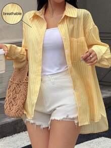 DEEKA Summer New Arrival Butter Yellow Graduation, Women Linen Loose Striped Casual Shirt - Yellow 1 - View 3