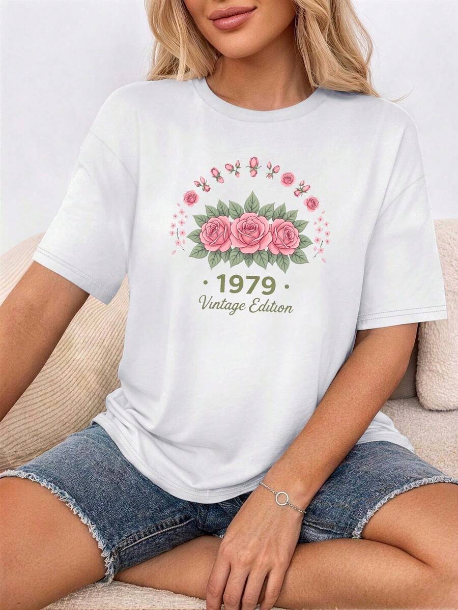 Camiseta de Mujer con Estampado de Ramo Floreciente, Estilo Vintage, Corte Holgado, Casual, Cómoda y Versátil, de Manga Corta - Blanco - Ver 1
