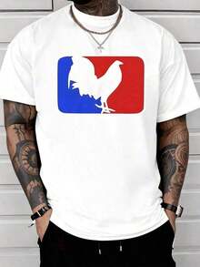 White Silhouette Of A Rooster Symbolizing Strength, Pride, And Courage Against A Blue And Red Divided Background, Inspiring Energy And Determination. Men's T-Shirt, 100% Cotton, 220g - 白色 - 查看 8