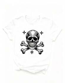 Artículo de moda: Camiseta 3 casual de streetwear, Top oversized cuello redondo daily outings, camping, concerts, hip-hop, rock, and rap events manga corta para mujer, estampada con calaveras y huesos cruzados con diseño de estrellas, camiseta de manga corta con cuello redondo para mujer, top deportivo casual transpirable de algodón puro, regalo para las vacaciones de primavera, camiseta de mujer con diseño de mariposas y Pascua. - Blanco - Ver 2