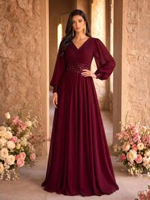 SUPGIR V-Neck Pleated Waistline Pearl Trim Lantern Sleeve Maxi Chiffon Party Dress Wedding Spring Fall - Burgundy - View 2