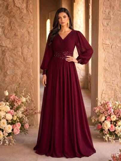 SUPGIR V-Neck Pleated Waistline Pearl Trim Lantern Sleeve Maxi Chiffon Party Dress Wedding Spring