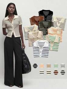 Suéter de punto con botones a rayas y cuello de solapa para mujer, blusa de punto para el trayecto urbano, atuendo casual de negocios, ropa elegante para mujer para la oficina, polo de vestir casual para mujer, blusas de verano para mujer - Albaricoque - Ver 9