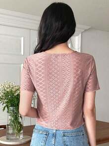 Camiseta de cuello redondo sólido con bordado de ojales, estilo preppy - Rosa vieja - Ver 2