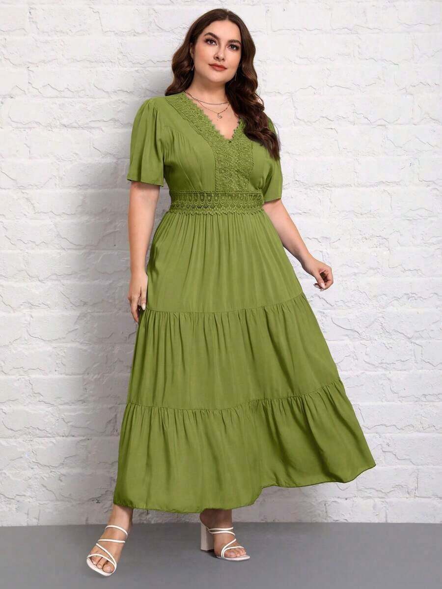 Talla grande Vestido con encaje bajo a capas - Verde Oliva - Ver 1
