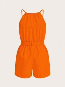 Mono casual de mujer de unicolor con bolsillo, cuello halter y pliegues - Naranja - Ver 2