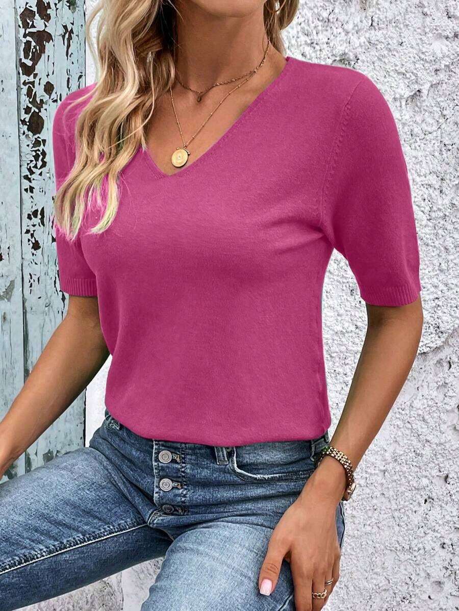 Blusa de punto de manga corta regular con cuello en V casual y versátil - Rosa Fucsia - Ver 1