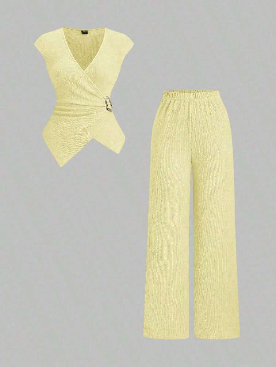 2 piezas Conjunto de mujer minimalista y cómodo de punto acanalado con hebilla de metal decorativa, para otoño - Amarillo - Ver 1